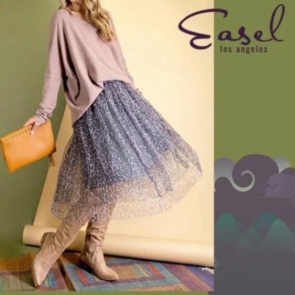 easel Dresses & Skirts - EASEL Leopard Print Mesh Overlay Midi Skirt Lined